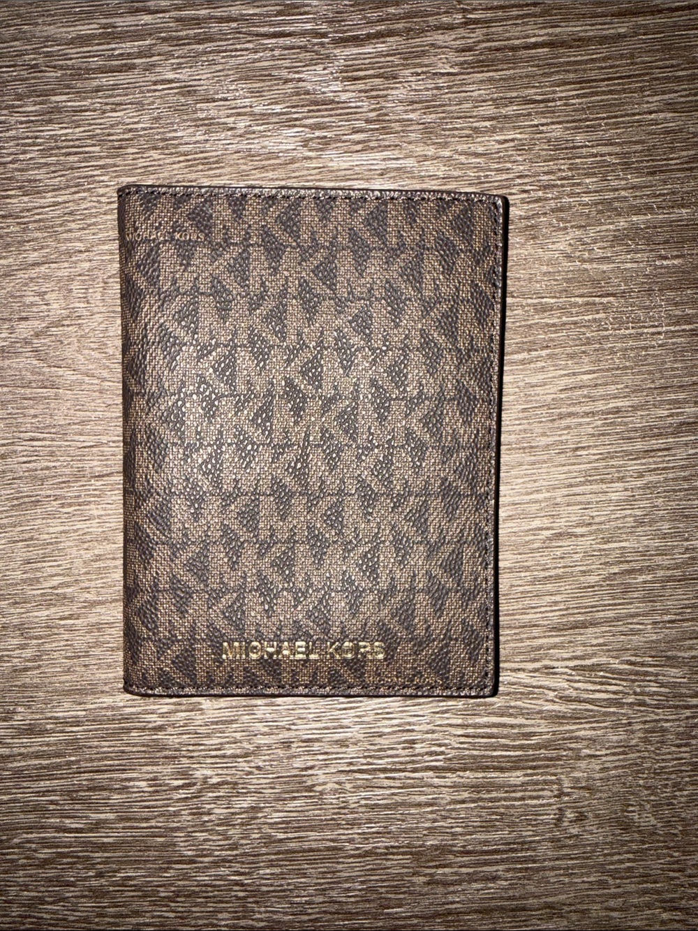 Michael Kors Brown Logo Passport & Card Organizer with Gold Logo